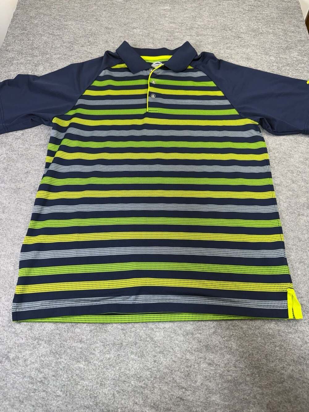 Slazenger Polo Shirt Size L Navy Blue Lime Yellow Gray Striped Golf